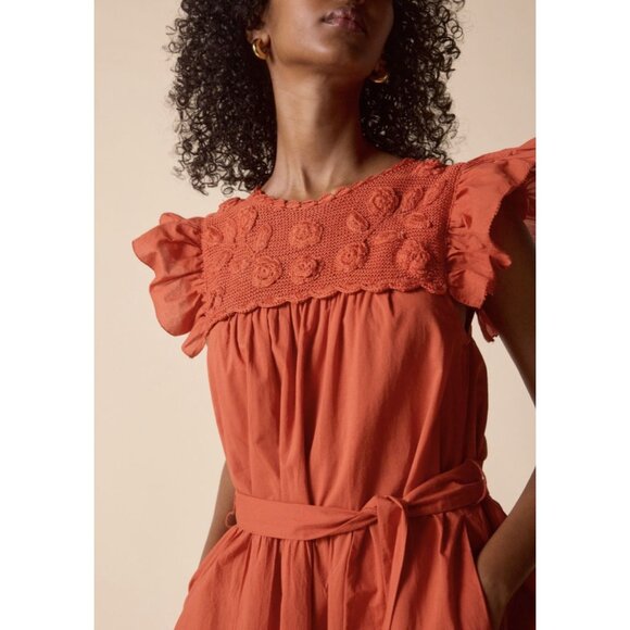 St Roche Kite Dress Tiered Crochet Detail Midi Orange Organic Cotton Size 4 - Picture 10 of 15